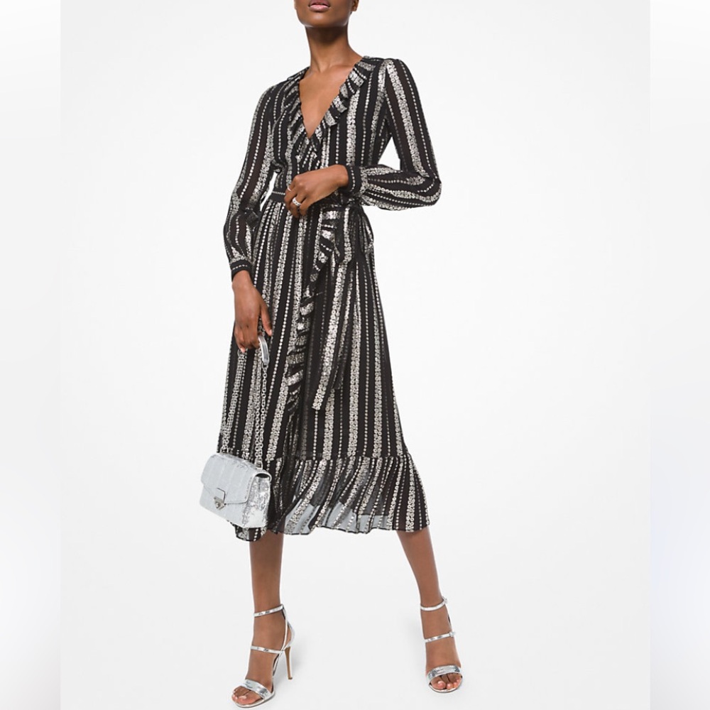 Michael Michael Kors Metallic Ruffle Stripe Wrap Midi Dress
